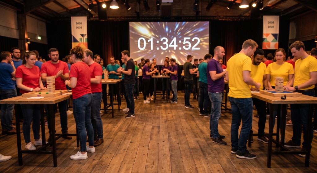 Équipes en t-shirts colorés relevées autour d'un défi chronométré