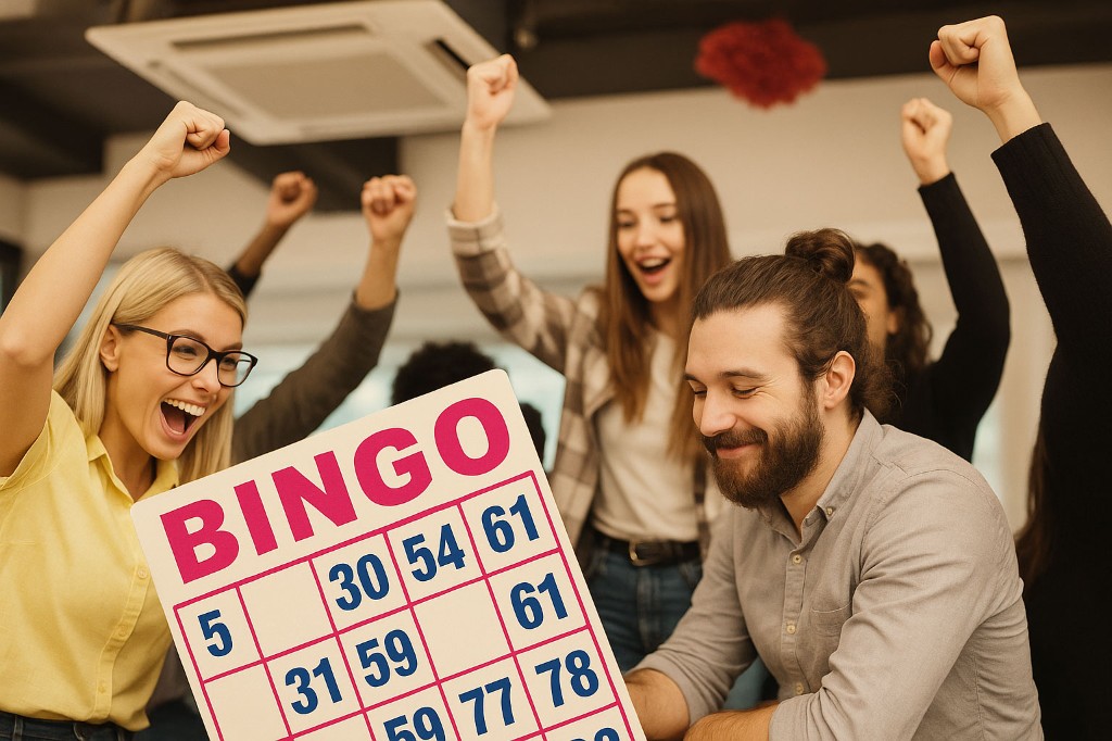 Participants célébrant un Music Bingo avec une grille en main