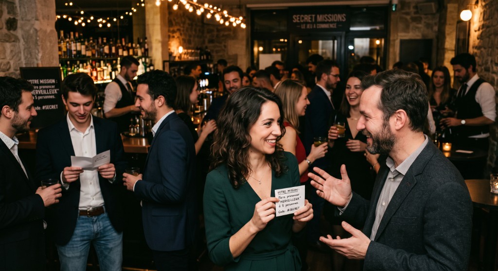 Invités consultant leur carte de mission secrète pendant un cocktail